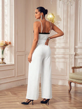 Oxana Designer Women's Black White Lace Satin Wide Leg Flared Pants Contrast Spaghetti Strap Jumpsuit Elegant Party, Holiday, New Year, Thanksgiving